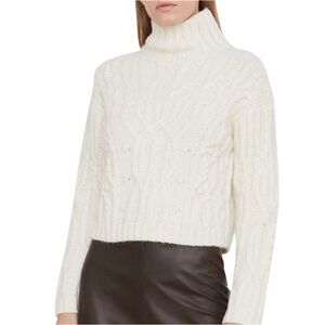 VINCE Interlaced Cable Turtleneck Sweater Alpaca Wool Blend Small Ivory Cream